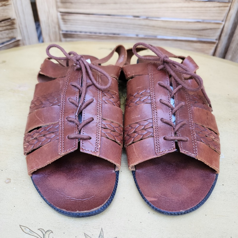 The Leather Collection Sz 9 Brown Leather Woven Lace Up Huarache Sandals Brazil